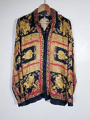 VTG Baroque SATIN SILK METALLIC Gold Black Red Shirt Men's Large Versace-style • $449.96