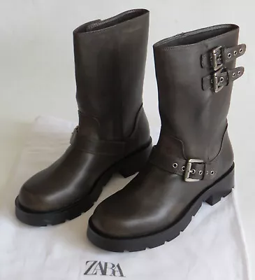 ZARA - FAUX BROWN LEATHER BIKER BOOTS - UK7 / EUR40 - NEW W/TAGS - 2023 - £79.99 • £29.99