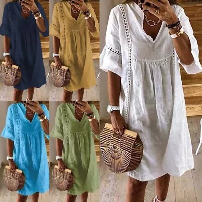 Women Short Mini Dresses Sleeve Sundress Ladies V Neck Bohemian Loose Cotton • £15.79