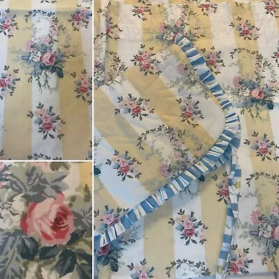 PR VTG Laura Ashley Yellow Stripe Cottage Curtains BIG PINK CABBAGE ROSES • $58