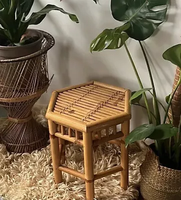 £34 • Buy Vintage Retro Bamboo Tiki Boho Cane Rattan Coffee Table Plant Stand Stool
