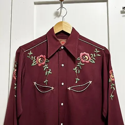 Vintage 40s 50s One-O-One Gabardine Western Shirt Rockabilly Floral Maroon USA • $199.99