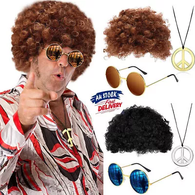 60s Mens Retro Groovy Hippy Hippie Disco Fancy Dress Up Costume Accessories Set • $3.78