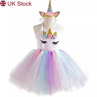 UK Kids Unicorn Fancy Dress Up Girls Party Tutu Sequins Costume Headband Outfit • £12.49