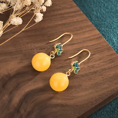 Yellow Amber Drop Dangle Earrings Minimalist Gemstone Hook 18K Gold Plated • $11.95