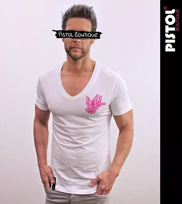 £19.80 • Buy Pistol Boutique Men's Fitted White Deep V Neck PINK CHEST SKETCH SWALLOW T-shirt