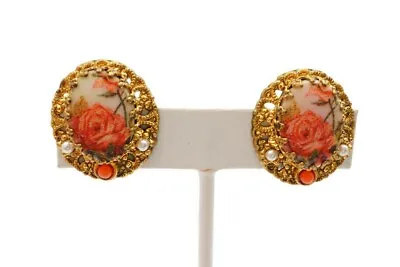 Vintage West Germany Clip On Earrings Gold Tone Coral Rose Faux Pearl Sugar Coat • $35.99