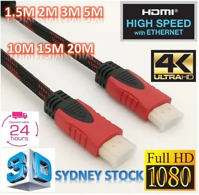 Braided HDMI Cable With Dual Rings HDTV HD 4K Gold Plated 20M 15M 10M 5M 3M • $5.99