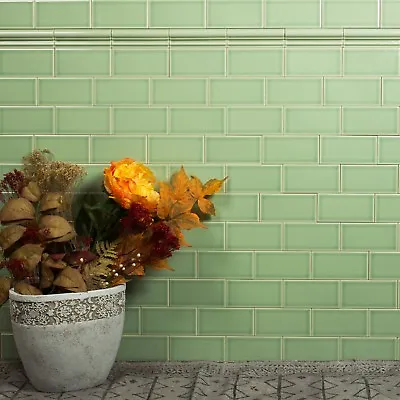 £1.50 • Buy Tile Sample: Putney Lime Green Crackle Glazed Metro Wall Tiles 7.5 X 15cm