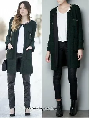 A562 Zara Green Tweed Boucle Coat Fantasy Chain Blazer Jacket Gold Studded - S • $119.99