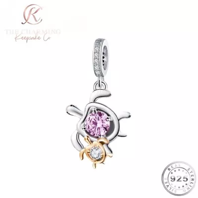 Turtle And Baby Turtle Charm Genuine 925 Sterling Silver & Rose Gold . Pink CZ • £16.99