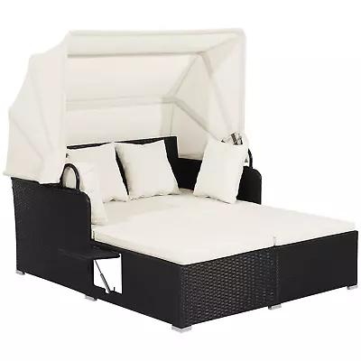 Garden Rattan Daybed Retractable Canopy Cushions Garden Patio Outdoor Furniture • £256.99