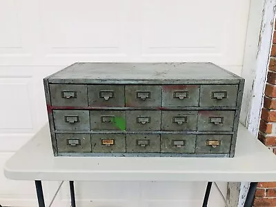 Vintage 15 Drawer Wood Library Card Catalog Apothecary Parts Cabinet • $845