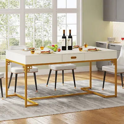 White Gold Large Dining Table For 6 Rectangle Breakfast Kitchen Table W/ Drawer • $163.78
