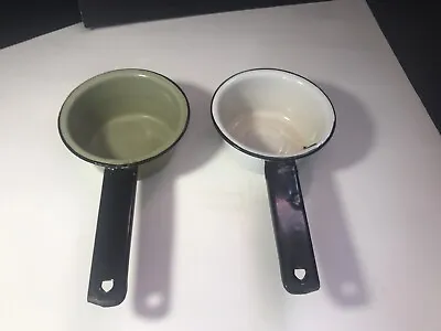 Vintage Enamelware Green/White 2 Small Sauce Pans • $12