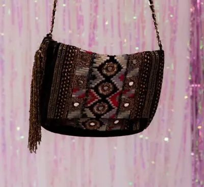 Black Velvet Sequin Mirror Beaded Aztec Embroidered Fringed Clutch Shoulder Bag • £35