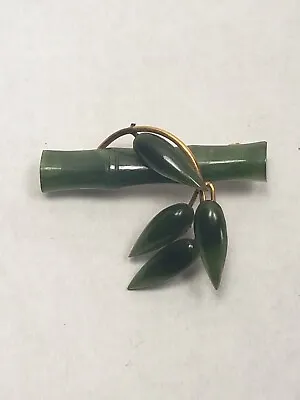 Vintage Green Jade? Carved Stone Bamboo Brooch Made In Taiwan • $12