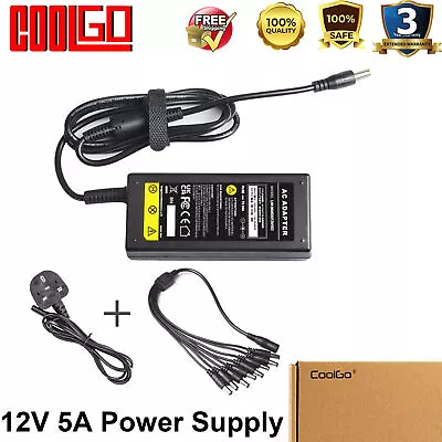12V 5A PSU AC-DC Power Supply Adapter W/ 8 Way Power Splitter Cable For CCTV • £11.99