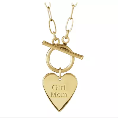 14K Solid Gold Heart With Engraving: 'Girl Mom' Toggle Necklace • $779