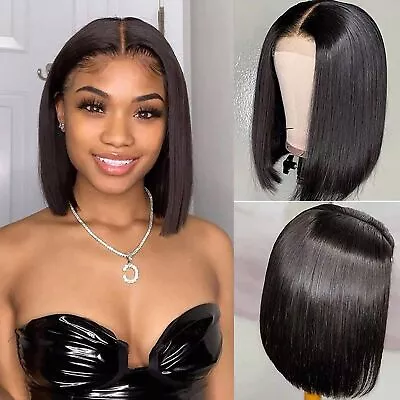 14  Women Short Bob Synthetic Lace Front Wig Baby Hair Silky Straight Black US • $11.30