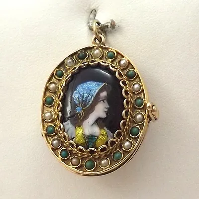 Art Nouveau 14k Gold France Painted Pearl 4 Photo Locket Charm Pendant 17 Grams • $853.10