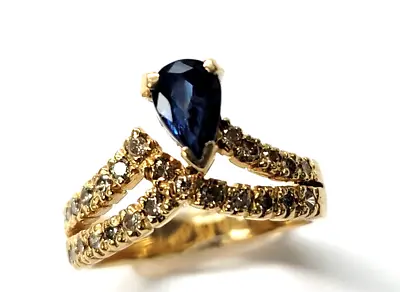 $800 • Buy 14k Gold  1/2carat Pear Shaped Natural Sapphire & Diamond V-Ring