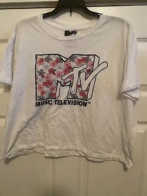 MTV T-Shirt Women's 3XL Short Sleeve Cropped Music Television Floral Gray • £14.46