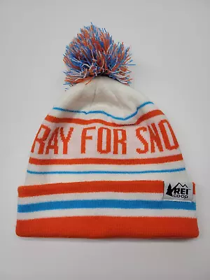 Vintage REI Beanie Blue Orange Pray For Snow Graphic Unisex Pom Pom Winter Cap • $16.83