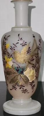 Antique Hand Painted Floral Bird Bristol Glass Vase White Opaque Hand Blown 8.5  • $12.99