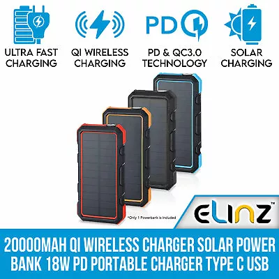 Maxxlee 20000mAh Qi Wireless Charger Solar Power Bank 18W PD Type C QC3.0 2 USB • $79.99