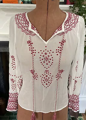 VTG 70s Style Indian PEASANT BOHO BLOUSE TOP WHITE Red EMBROIDERY S Monsoon • £25