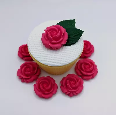 12 Edible Fuchsia Roses Cupcake Toppers Wedding Birthday  Cake Decorations • £6.99