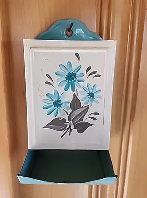 Vintage Metal Tin Match Holder Wall - White/Aqua With Blue Flowers • $19