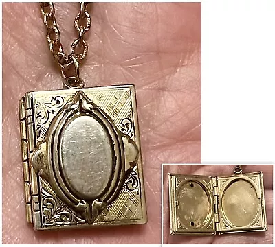 Vintage Gold Tone BOOK Shaped Two Photo Locket Pendant Necklace 24” Long • $7.99