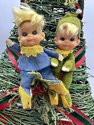 Set Of 2 Vintage Christmas Pixie Elf  Tree Ornament Green And Blue Japan • $19.99