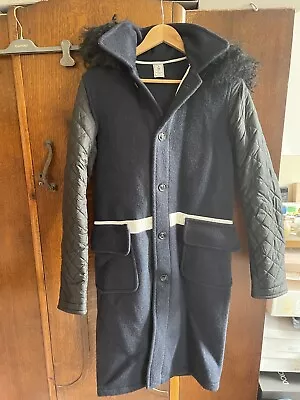 J.W. ANDERSON Navy Black Heavy Wool Coat Detachable Fur Trim Hood Small • £150