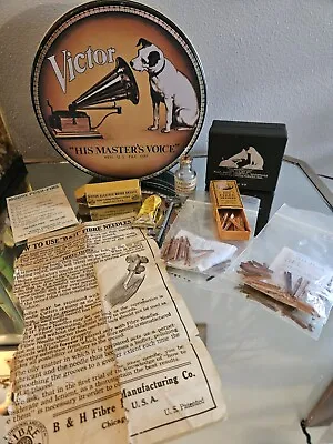 Victor Victrola Talking Machine Lot / Fibre Needles  Advertisement Tin Box • $450