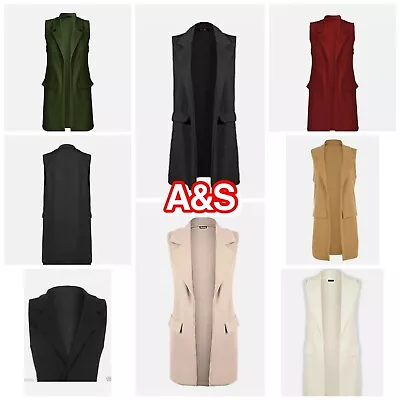 £12.99 • Buy Women's Plus Size Sleeveless Crepe Mock Pocket Long Blazer Waistcoat Jacket Tops