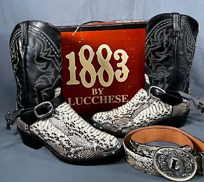 LUCCHESE 1883 Black/White PYTHON Deertan COWBOY BOOTS Size 13EE + Spurs/Belt/Box • $1199