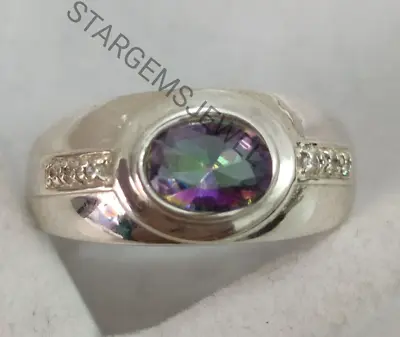 Natural Mystic Topaz Gemstone With 925 Sterling Silver Ring For Men's. • $57.59