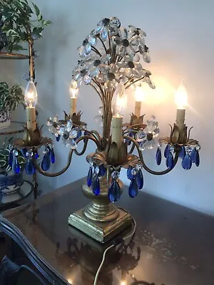 Italian Tole Vintage Candelabra Crystal Flowers And Blue Chandelier Lamp • $525