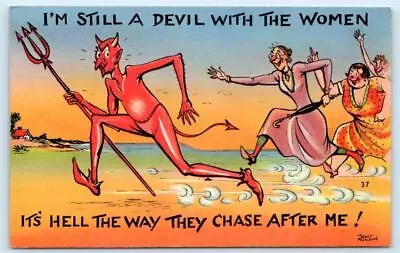 WALT MUNSON Comic Artist  I'M STILL A DEVIL  With Women 1940s Pitchfork Postcard • $6.98