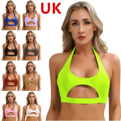UK Women Tank Top Oil Shiny Cut Out Slim Fit Halter Neck Workout Yoga Bra Shirts • £6.99