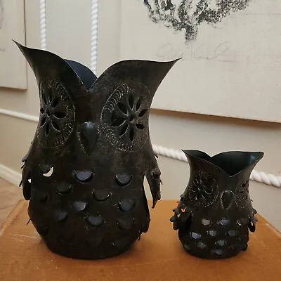 S/2 Pottery Barn Punched Metal Owl Bird Candle Luminary Lantern Vase Halloween • $275.08