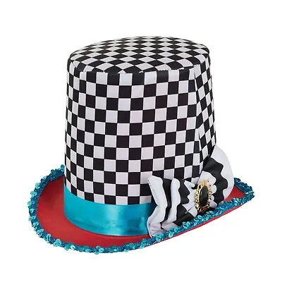 Adult Stovepipe Chequered Mad Hatter Fancy Dress Top Hat Costume Accessory • £9.99