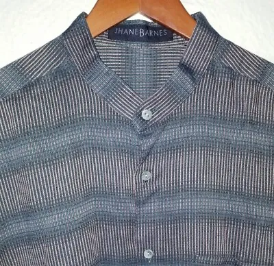 JHANE BARNES Nehru Banded Collar 3D FRACTAL Geometric Purple Green L/s Shirt XL • $89.96