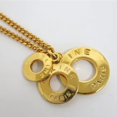 CELINE  Chain Macadam Necklace Pendant Choker AUTH Logo Rare 3 Circle Ring Gold • $264.99