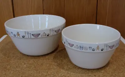 2 X Pudding Basins White With Delightful Kitchen Utensils Pictures 7  & 5.5  • £10