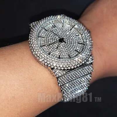 Men Luxury Bling Silver Finish Simulated Diamond Bracelet Full Iced Band Watch • $39.95