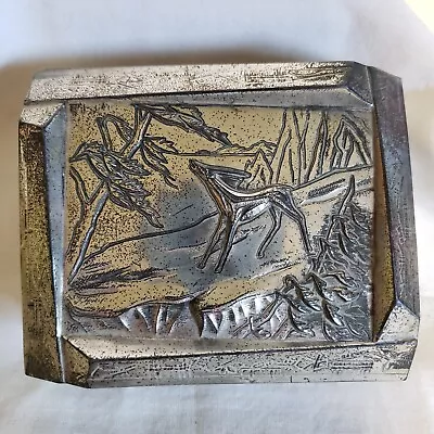 Vtg Small Square Metal Wood Lined Trinket Box Stylized Deer Mountain Scene Japan • $15.90